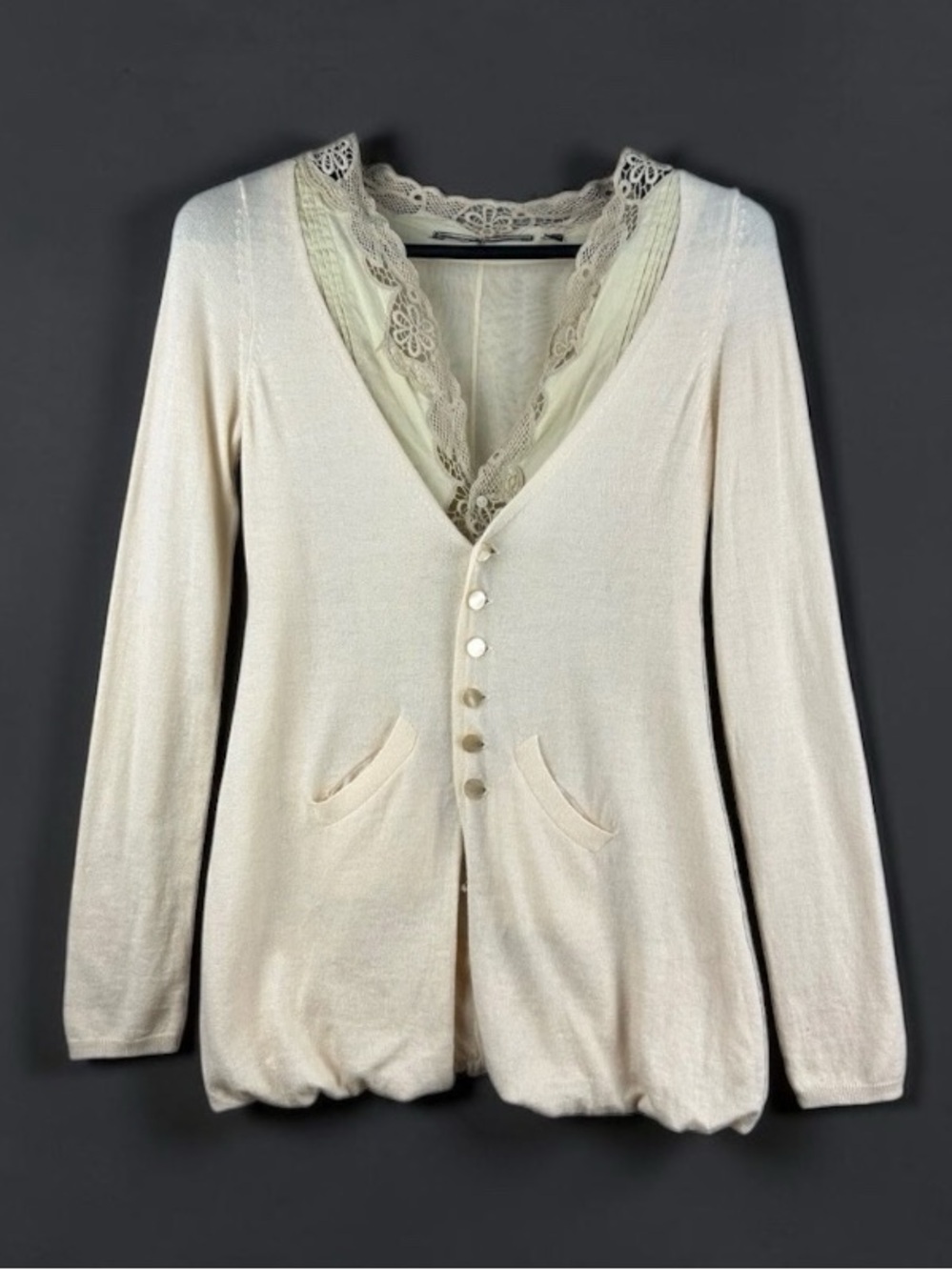 Anthropologie Cream Lace-Trim Button Front Cardigan